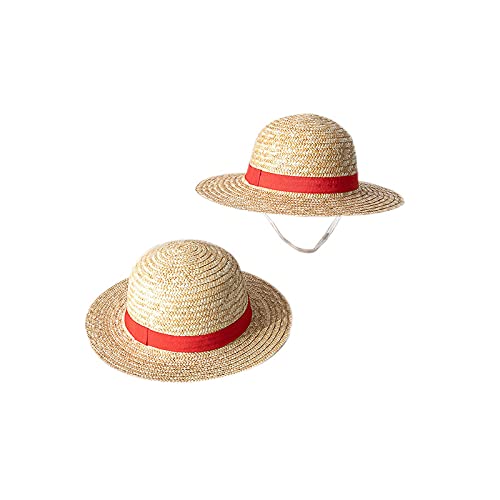 FOUTP One Piece Monkey D. Luffy Cosplay Sombrero Luffy Sombreros Planos Cosplay Japonés Dibujos Animados Accesorios Sombrero Niño Rojo Rayas Playa Sombrero de Paja Visera (Paja de Trigo)