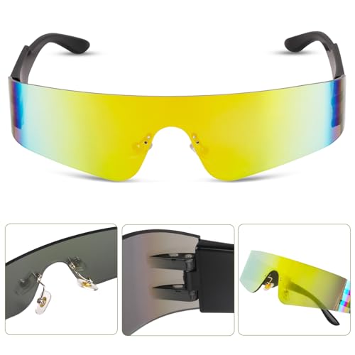 Fowecelt Gafas de sol futuristas espaciales - Gafas de sol rave rápidas, gafas futuristas amarillas, sin marco espejadas techno gafas de fiesta para juegos de rol Halloween futuro disfraz