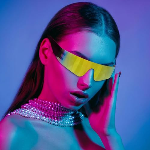 Fowecelt Gafas de sol futuristas espaciales - Gafas de sol rave rápidas, gafas futuristas amarillas, sin marco espejadas techno gafas de fiesta para juegos de rol Halloween futuro disfraz