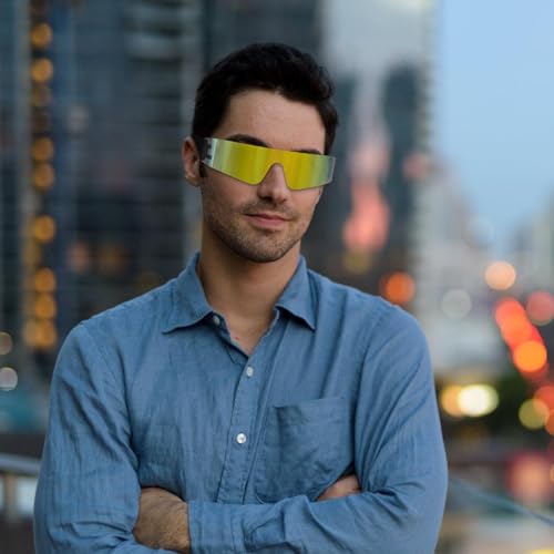 Fowecelt Gafas de sol futuristas espaciales - Gafas de sol rave rápidas, gafas futuristas amarillas, sin marco espejadas techno gafas de fiesta para juegos de rol Halloween futuro disfraz