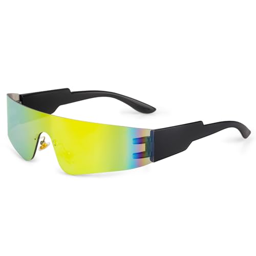 Fowecelt Gafas de sol futuristas espaciales - Gafas de sol rave rápidas, gafas futuristas amarillas, sin marco espejadas techno gafas de fiesta para juegos de rol Halloween futuro disfraz