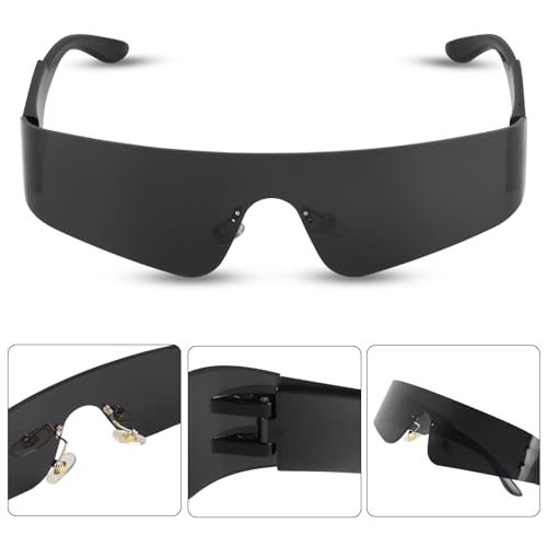 Fowecelt Gafas de sol futuristas espaciales - Gafas de sol rave rápidas, gafas futuristas negras, sin marco espejadas techno gafas de fiesta para juegos de rol Halloween futuro disfraz