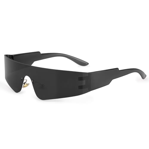 Fowecelt Gafas de sol futuristas espaciales - Gafas de sol rave rápidas, gafas futuristas negras, sin marco espejadas techno gafas de fiesta para juegos de rol Halloween futuro disfraz