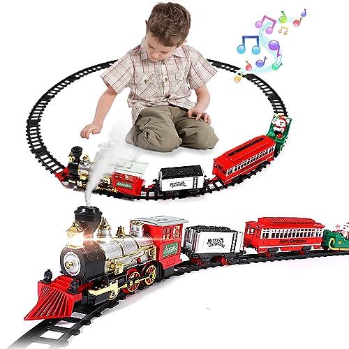 Fulluky Juguete de tren eléctrico, juguete de tren de vapor con humo, luz y sonido, kits ferroviarios, locomotora, vagones de carbón y rieles, clásico juego de tren de Navidad para niños a partir de 3