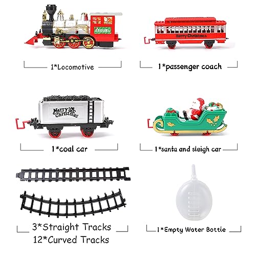 Fulluky Juguete de tren eléctrico, juguete de tren de vapor con humo, luz y sonido, kits ferroviarios, locomotora, vagones de carbón y rieles, clásico juego de tren de Navidad para niños a partir de 3