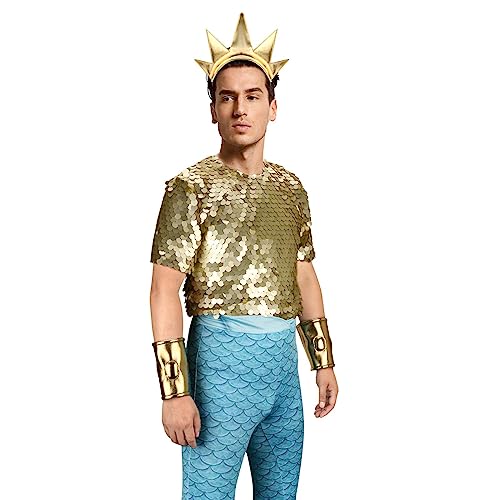 Funhoo Disfraz de rey Tritón para Hombre Corona de Príncipe Merman Dios del mar Poseidón Cola de Pez Cosplay Halloween Fiesta de Disfraces para Adultos (L)