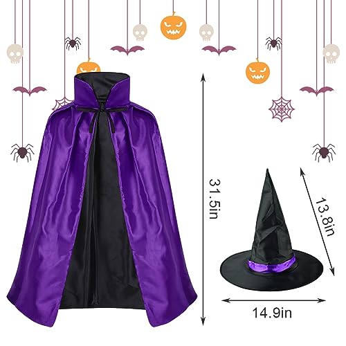 FYDZBSL Capa de Bruja Para Niños Disfraz de Bruja Murciélago, Capa de Bruja Con Sombrero,Capa Disfraz Bruja Niño Murcielago Halloween Para Niños Fiesta de Halloween Juego de Rol (Negro Púrpura)