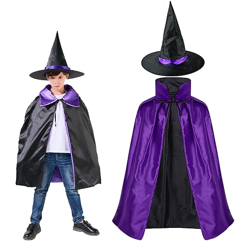 FYDZBSL Capa de Bruja Para Niños Disfraz de Bruja Murciélago, Capa de Bruja Con Sombrero,Capa Disfraz Bruja Niño Murcielago Halloween Para Niños Fiesta de Halloween Juego de Rol (Negro Púrpura)