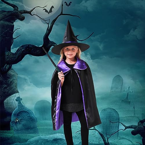 FYDZBSL Capa de Bruja Para Niños Disfraz de Bruja Murciélago, Capa de Bruja Con Sombrero,Capa Disfraz Bruja Niño Murcielago Halloween Para Niños Fiesta de Halloween Juego de Rol (Negro Púrpura)