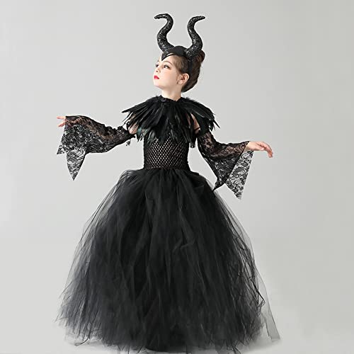 FYMNSI Disfraz de maléfica para niña, Halloween, carnaval, cosplay, reina malvada, reina malvada, disfraz, Juego de 5 piezas negro, 8- 10 Años