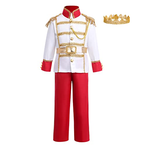 FYMNSI Disfraz de Príncipe Real para Niños Halloween Cosplay Navidad Fiesta de Cumpleaños Juego de Rol Carnaval Vestir Día Mundial del Libro Túnica Top Pantalones Corona 3pcs Set Rojo 3-4 Años