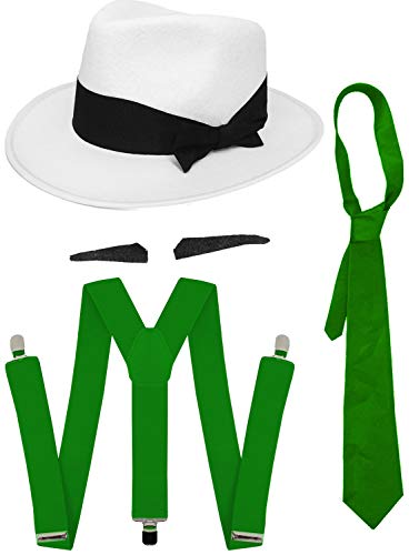 GANGSTER - Juego de accesorios para vestido de fantasía SPIV TASH + corbata verde + tirantes a juego + gorro trilby blanco de los años 20 para hombre al Capone (sombrero verde de 58 cm)