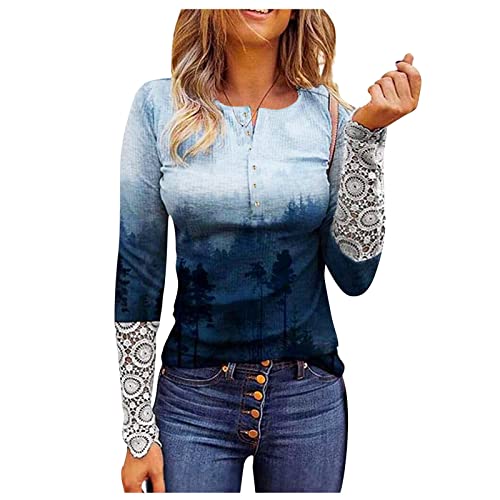 Generisch Placas de Manga Larga Para Mujer 2023 Patchwork Estampado Encaje Manga Larga Casual Botón Suéter Sudadera Impresión Top Impresión, S-2XL, azul, L