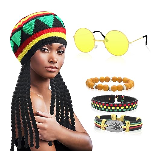 GLGHMH 5 accesorios de disfraz rasta, sombrero rasta con rastas negras y gafas amarillas y 3 pulseras, disfraz caribeño para fiestas, cosplay