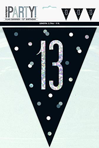 GLITZ Range - Pancarta de bandera, diseño triangular de 30 cm (fiesta de cumpleaños), Negro/Plata Glitz, 13th Birthday/Age 13