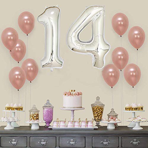 Globos Número 14 Cumpleaños XXL de Plata-Figuras Helio Globo de lámina gigante en 2 tamaños 40"y 16" | Set XXL 100cm+Mini 40cm version Decoraciones de cumpleaños |Ideal para el 14 Años como decoración