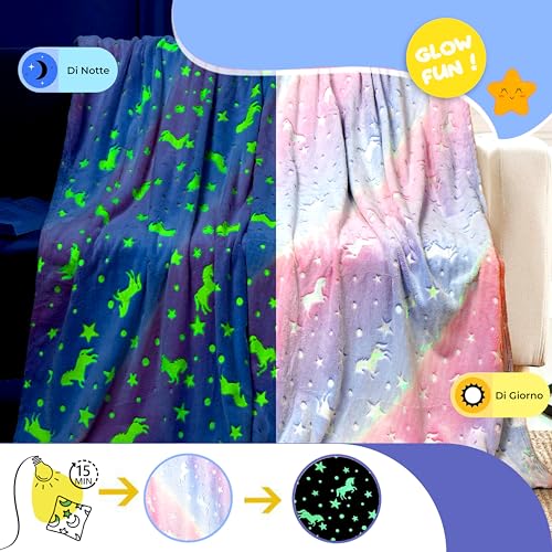 GLOW FUN! Manta 130x150cm Polar Brillante en la Oscuridad Manta de Franela Suave para Came de Unicornio Manta Cálida para Niños Niñas Mantas Luminosas Regalo Niño Niña - Unicornio