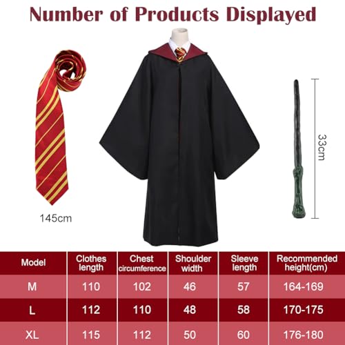 Gohytal Disfraz de túnica de mago, uniforme de Gryffindor, túnica Jedi Granger on varita mágica y corbata,túnica mágica para adultos para Halloween,cosplay,carnaval,disfraz,fiesta,cumpleaños,L