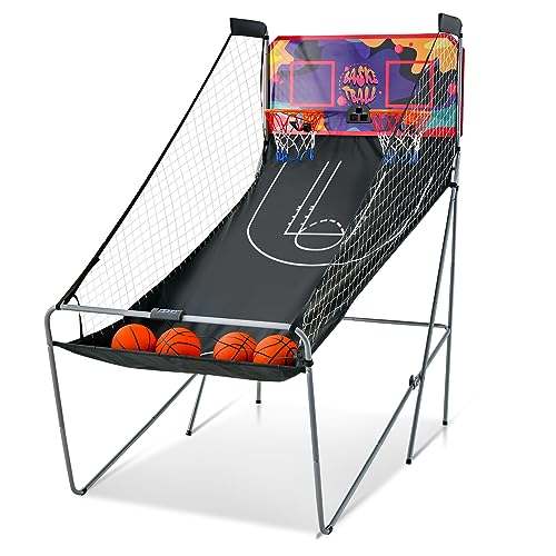 GOPLUS Juego de Baloncesto Arcade Plegable Cesta Cesta Interior Exterior 2 Cestas y 4 Globos, 8 Modos de Juego, Sensor Eléctrico, LED Score, 4 Botones de Operación, 202x107x205CM