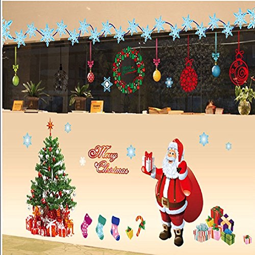 Grande Pegatinas de Navidad arbol fiesta extraíbles adorable Papá Noel nieve alce colores pegatina de pared etiqueta engomada (A)