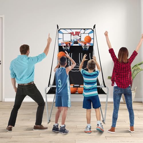 GYMAX Canasta de Baloncesto Plegable con 8 Ajustes de Juego y Marcador Electrónico para Disparar, Juego de Baloncesto Electrónico Incluye 4 Bolas y 2 Cestas, para Interior y Exterior, Negro