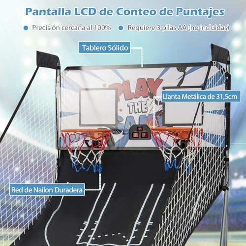 GYMAX Canasta de Baloncesto Plegable con 8 Ajustes de Juego y Marcador Electrónico para Disparar, Juego de Baloncesto Electrónico Incluye 4 Bolas y 2 Cestas, para Interior y Exterior, Negro