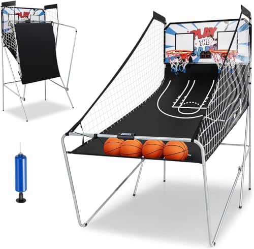 GYMAX Canasta de Baloncesto Plegable con 8 Ajustes de Juego y Marcador Electrónico para Disparar, Juego de Baloncesto Electrónico Incluye 4 Bolas y 2 Cestas, para Interior y Exterior, Negro