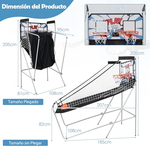 GYMAX Canasta de Baloncesto Plegable con 8 Ajustes de Juego y Marcador Electrónico para Disparar, Juego de Baloncesto Electrónico Incluye 4 Bolas y 2 Cestas, para Interior y Exterior, Negro