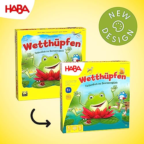 HABA 305272 Jump Around Frogs A Colourful Dice and Hopping Game! Whose Water Lily Will Bloom ﬁrst? For 2-4 Players, Aged 3-7 - English Version (Made in Germany)