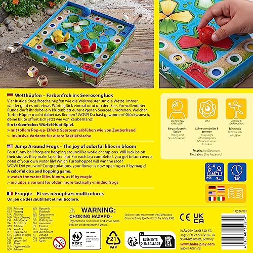 HABA 305272 Jump Around Frogs A Colourful Dice and Hopping Game! Whose Water Lily Will Bloom ﬁrst? For 2-4 Players, Aged 3-7 - English Version (Made in Germany)