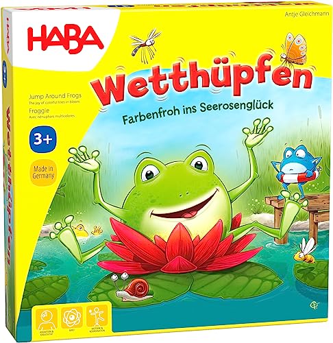 HABA 305272 Jump Around Frogs A Colourful Dice and Hopping Game! Whose Water Lily Will Bloom ﬁrst? For 2-4 Players, Aged 3-7 - English Version (Made in Germany)