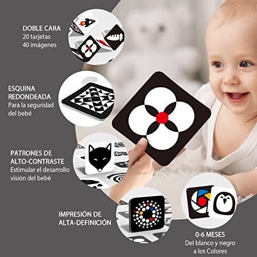 hahaland Flashcards Bebe Juguetes Bebes 0 3 6 Meses, 20 Piezas 40 Imágenes Tarjetas de Alto Contraste en Blanco y Negro, Tarjetas de Estimulación Visual Regalo Educativo para Bebés 0-6 Meses