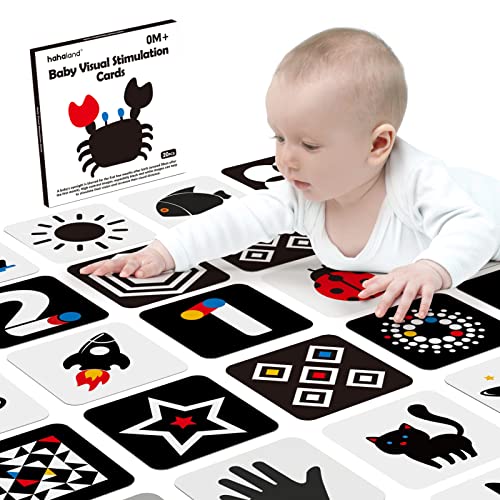 hahaland Flashcards Bebe Juguetes Bebes 0 3 6 Meses, 20 Piezas 40 Imágenes Tarjetas de Alto Contraste en Blanco y Negro, Tarjetas de Estimulación Visual Regalo Educativo para Bebés 0-6 Meses