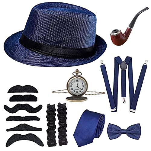 Halatua Accesorios de disfraz de gángster | Juego de sombreros de disfraz retro para hombre, sombrero, pajarita, reloj de bolsillo, tirantes y gafas para niños y hombres