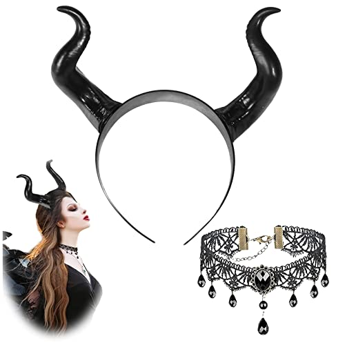 Halloween Headband，Cuernos Malefica, Diadema Cuernos per Halloween - Ajustable Diadema Cuernos - Headgear Devil - Halloween Cosplay, Carnaval Mardi Gras Cosplay Masquerade - con Collar Encaje Gótico