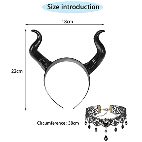 Halloween Headband，Cuernos Malefica, Diadema Cuernos per Halloween - Ajustable Diadema Cuernos - Headgear Devil - Halloween Cosplay, Carnaval Mardi Gras Cosplay Masquerade - con Collar Encaje Gótico