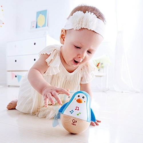 Hape Tentetieso Musical Pingüino, Pingüino Colorido Melodía Tambaleo + Palo de Lluvia, Mini Juguete Musical de Madera Palo de Lluvia y Sonajero, Azul