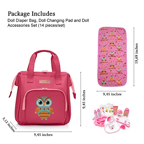 HappyVk- Bolsa de pañales Rosa para muñecas con Cambiador de muñecas y Juego de Accesorios para muñecas - Bolso para niñas - Bordado de búho