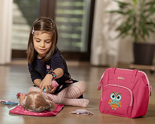 HappyVk- Bolsa de pañales Rosa para muñecas con Cambiador de muñecas y Juego de Accesorios para muñecas - Bolso para niñas - Bordado de búho