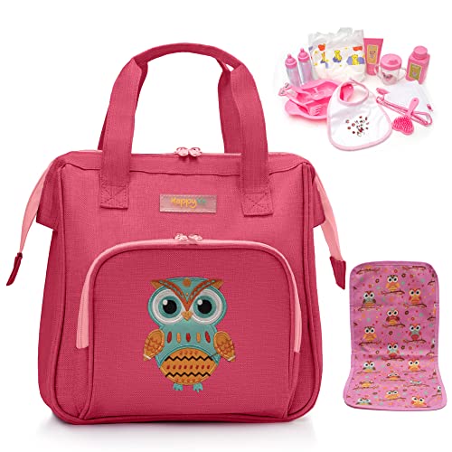 HappyVk- Bolsa de pañales Rosa para muñecas con Cambiador de muñecas y Juego de Accesorios para muñecas - Bolso para niñas - Bordado de búho