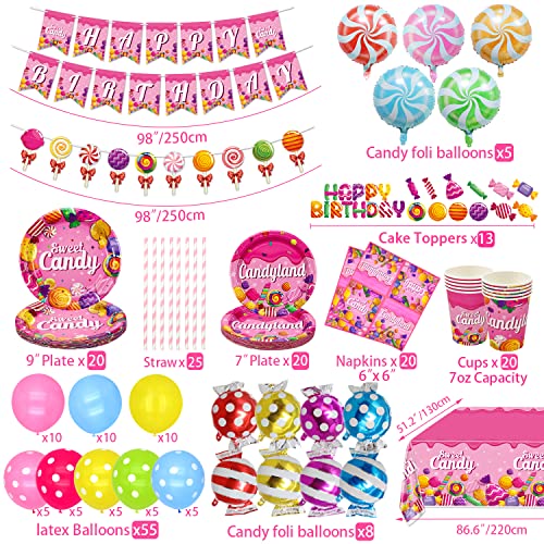 Hegbolke Decoraciones de Fiesta Candyland – Decoraciones de Fiesta de cumpleaños con Tema de piruleta Que Incluyen Globos de Caramelo, Pancarta de cumpleaños, Platos, manteles, Vasos, Sirve 20