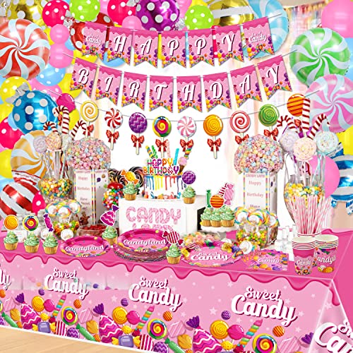 Hegbolke Decoraciones de Fiesta Candyland – Decoraciones de Fiesta de cumpleaños con Tema de piruleta Que Incluyen Globos de Caramelo, Pancarta de cumpleaños, Platos, manteles, Vasos, Sirve 20