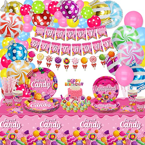 Hegbolke Decoraciones de Fiesta Candyland – Decoraciones de Fiesta de cumpleaños con Tema de piruleta Que Incluyen Globos de Caramelo, Pancarta de cumpleaños, Platos, manteles, Vasos, Sirve 20