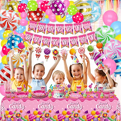 Hegbolke Decoraciones de Fiesta Candyland – Decoraciones de Fiesta de cumpleaños con Tema de piruleta Que Incluyen Globos de Caramelo, Pancarta de cumpleaños, Platos, manteles, Vasos, Sirve 20