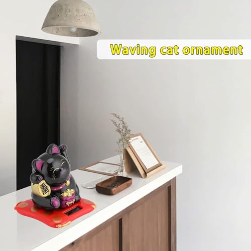 HERCHR Energía Solar Mini Gatos, Gato Buena Suerte con Brazo Móvil, Riqueza Bienvenida Lindo Gato, Decoración para Carro Casa Despacho(Negro)