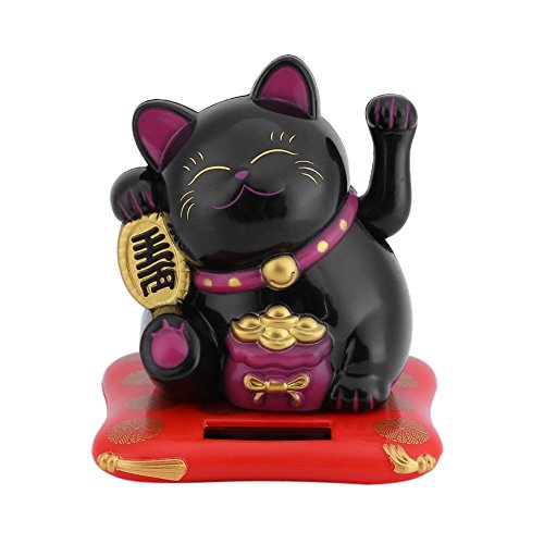 HERCHR Energía Solar Mini Gatos, Gato Buena Suerte con Brazo Móvil, Riqueza Bienvenida Lindo Gato, Decoración para Carro Casa Despacho(Negro)