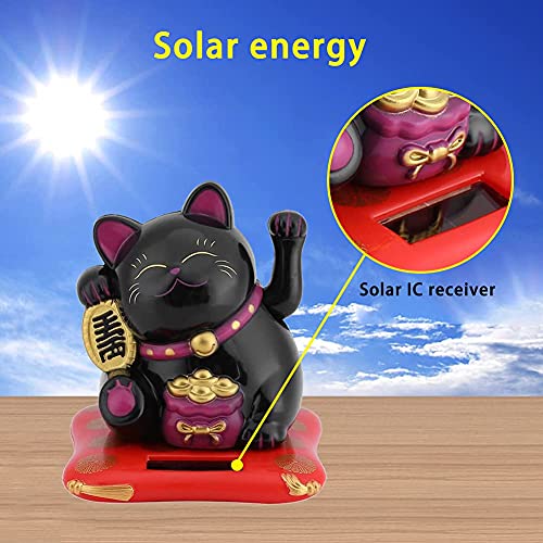 HERCHR Energía Solar Mini Gatos, Gato Buena Suerte con Brazo Móvil, Riqueza Bienvenida Lindo Gato, Decoración para Carro Casa Despacho(Negro)