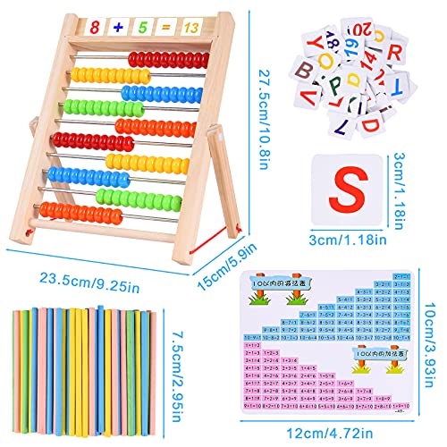 Herefun Ábaco de Madera, Abaco para Niños Abacus Juguete de Madera Clásico Juguetes Montessori Abacus Educativos Juegos Cuentas Multicolores con Palos de Conteo, Tarjetas Numéricas del Alfabeto