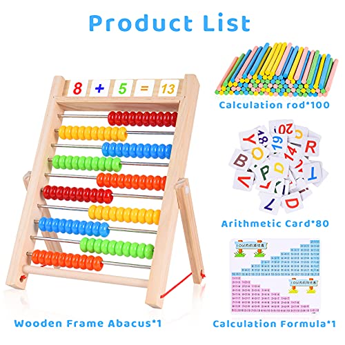 Herefun Ábaco de Madera, Abaco para Niños Abacus Juguete de Madera Clásico Juguetes Montessori Abacus Educativos Juegos Cuentas Multicolores con Palos de Conteo, Tarjetas Numéricas del Alfabeto