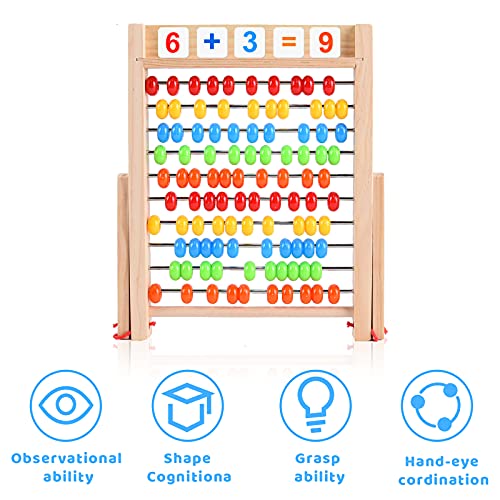 Herefun Ábaco de Madera, Abaco para Niños Abacus Juguete de Madera Clásico Juguetes Montessori Abacus Educativos Juegos Cuentas Multicolores con Palos de Conteo, Tarjetas Numéricas del Alfabeto